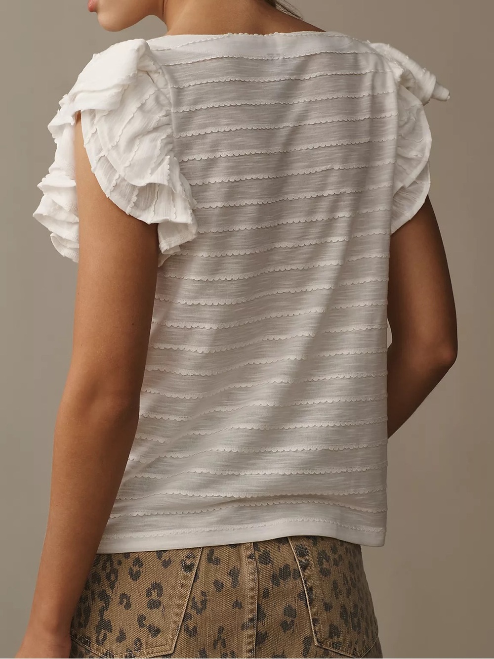 Anthropologie White cottage Ruffle Flutter Sleeve Textured stripe Blouse size L - Picture 2 of 9